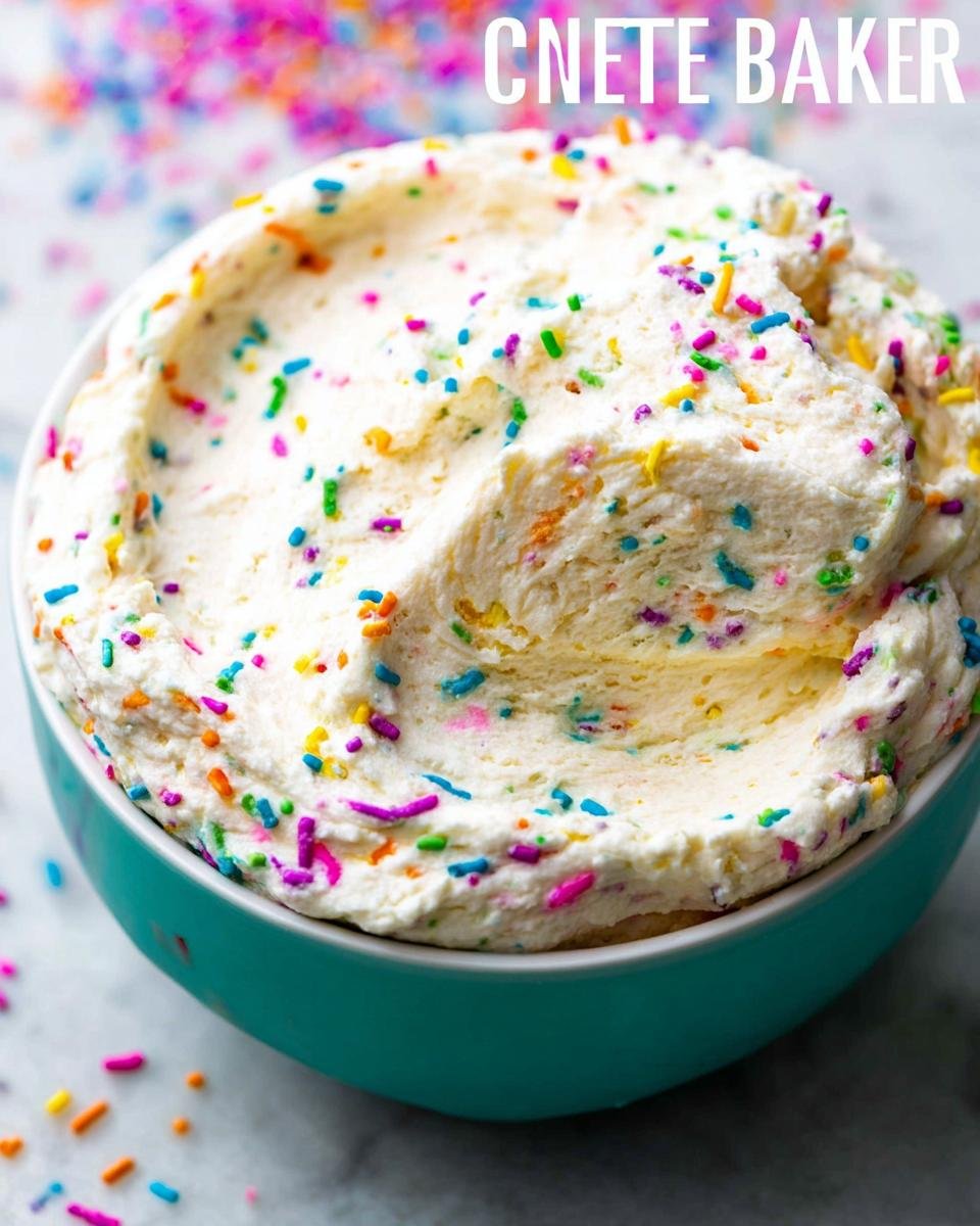Close-up of a teal bowl filled with creamy cake dip recipe, generously topped with colorful sprinkles.