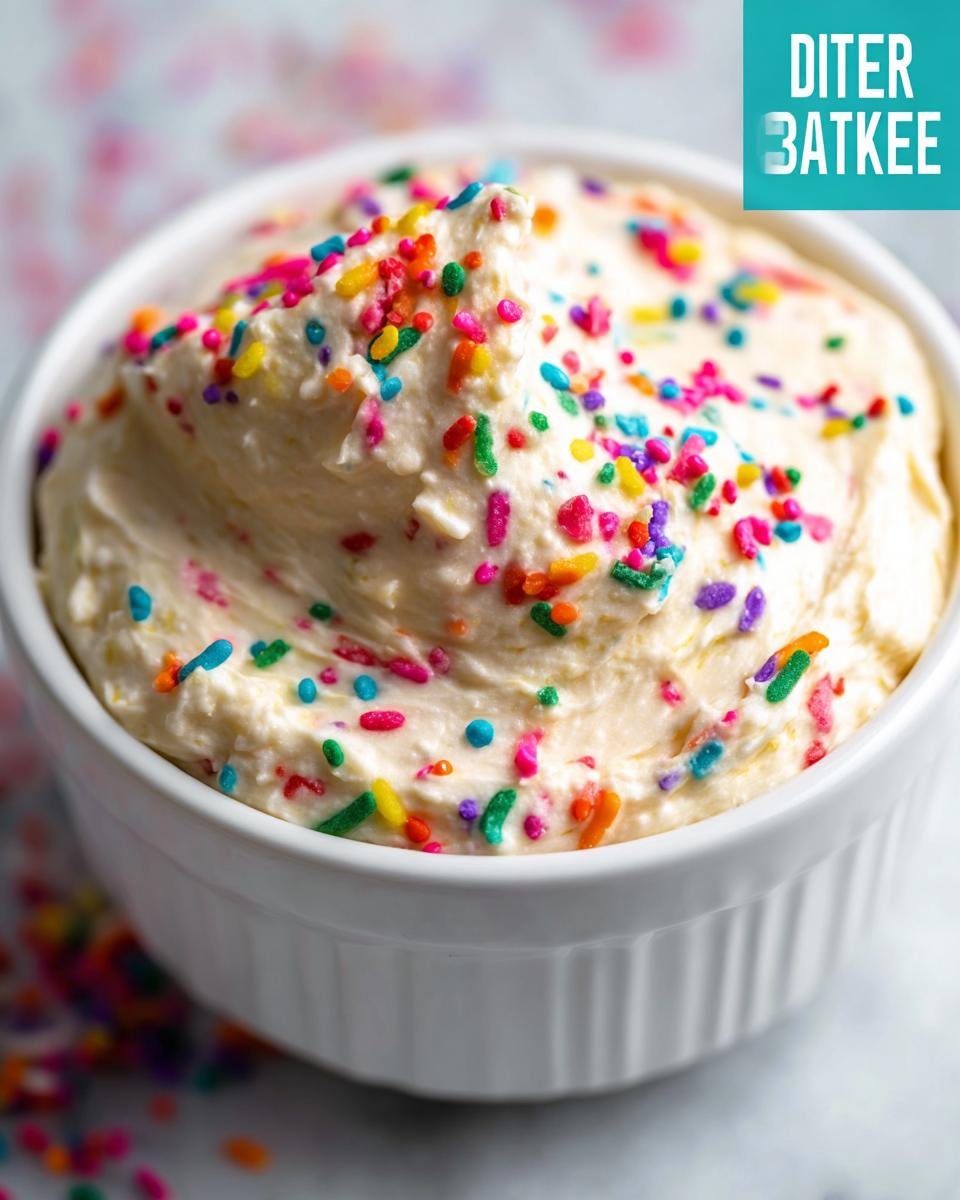 A close-up of a white ramekin filled with creamy cake dip, generously topped with colorful sprinkles. This is our amazing cake dip recipe.