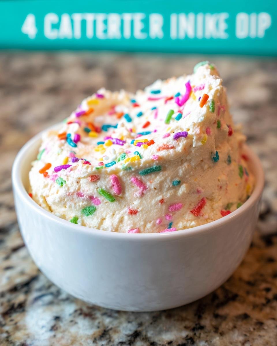 A bowl of creamy cake dip recipe topped with colorful sprinkles.