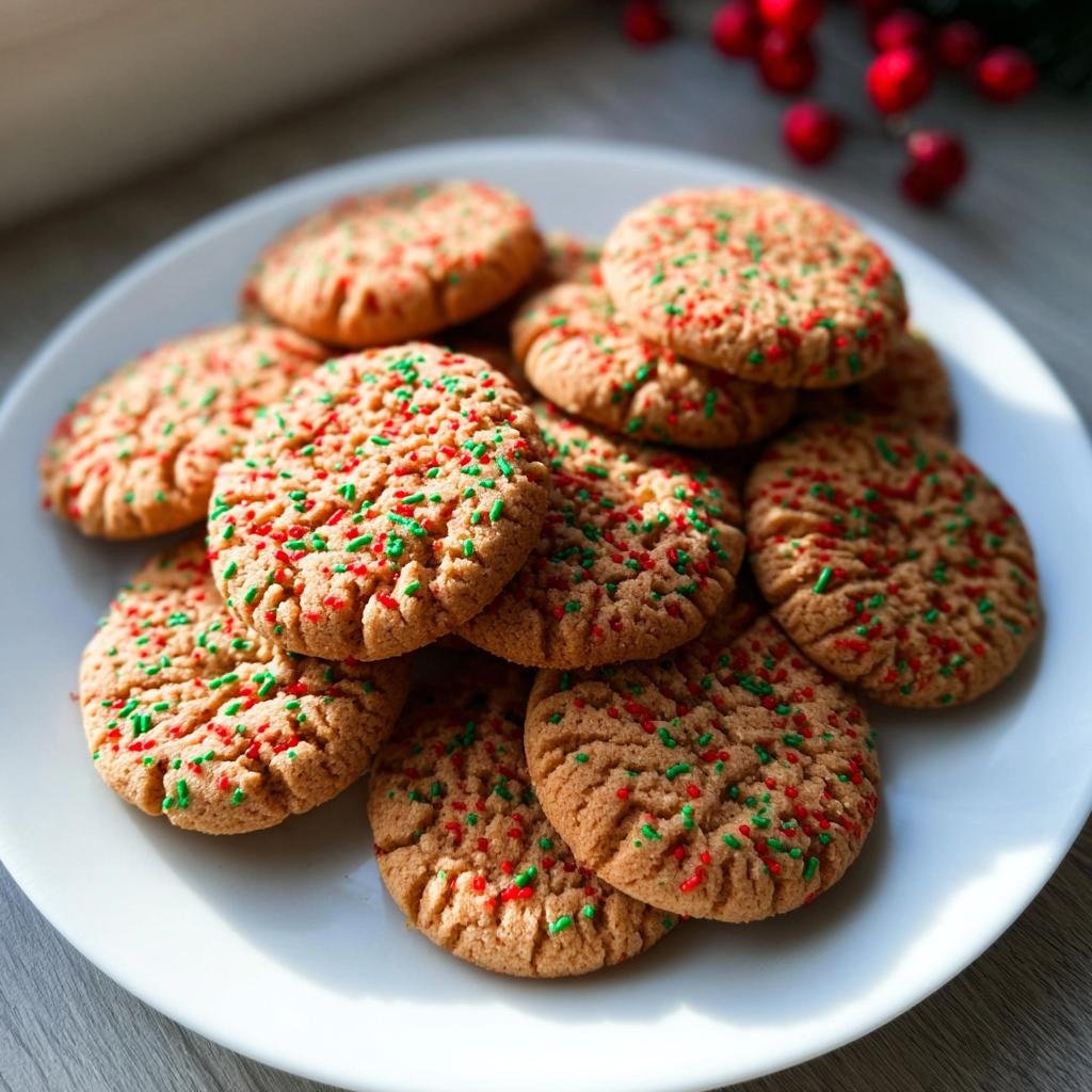A pile of delicious cake mix cookies topped with red and green sprinkles on a white plate.