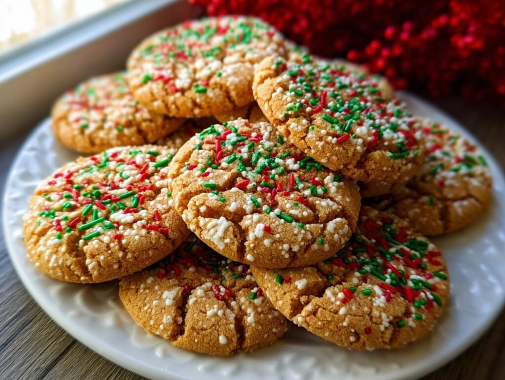 A pile of delicious cake mix cookies topped with red, green, and white sprinkles.
