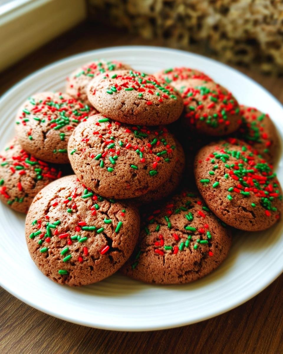 A plate of delicious chocolate cake mix cookies topped with red and green sprinkles.