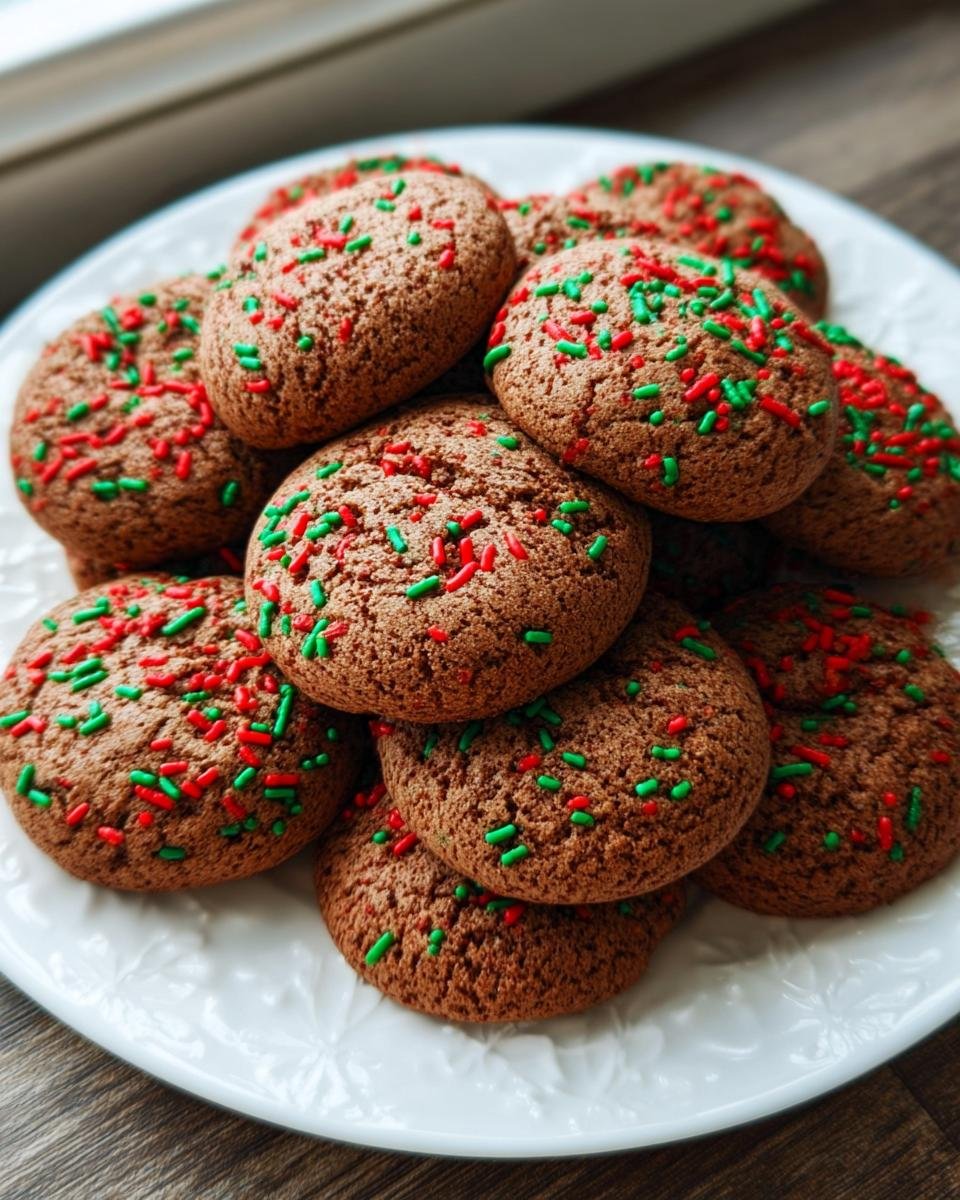 A pile of delicious cake mix cookies topped with red and green holiday sprinkles.