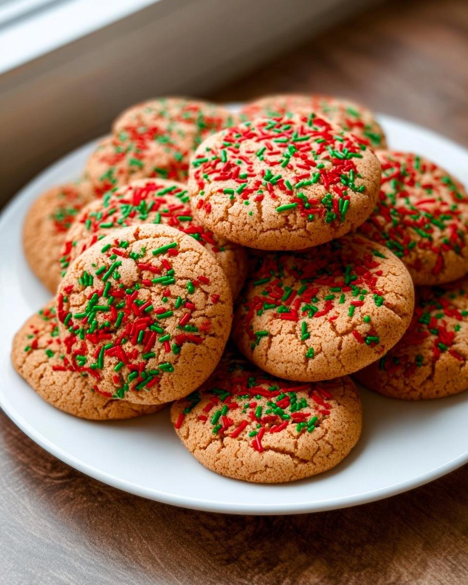 A pile of delicious cake mix cookies topped with red and green sprinkles on a white plate.