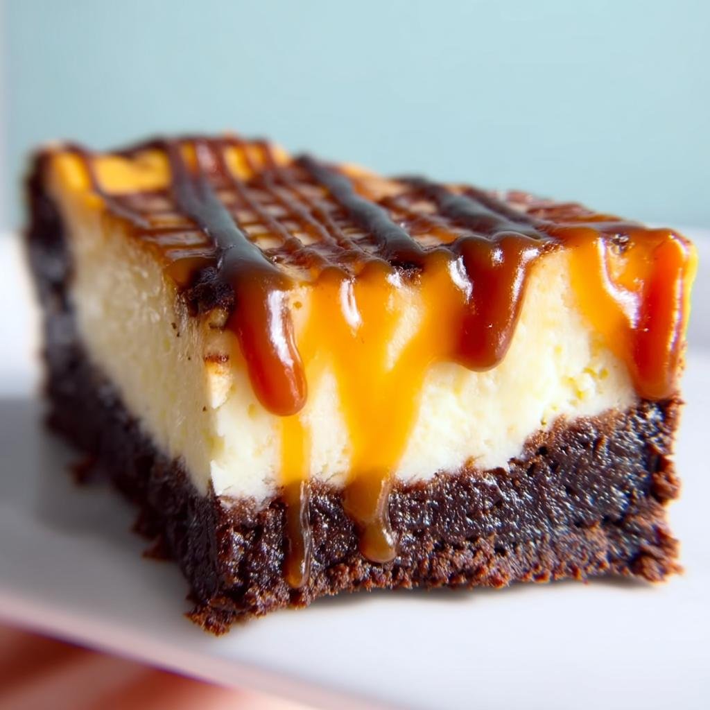 A rich slice of Caramel Brownie Cheesecake drizzled with caramel sauce.