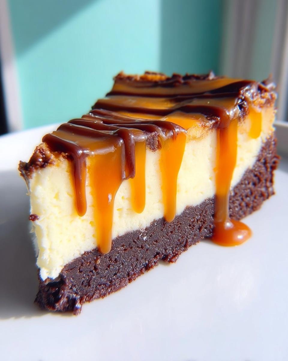 A rich slice of Caramel Brownie Cheesecake with creamy cheesecake and a chocolate brownie base, drizzled with caramel sauce.