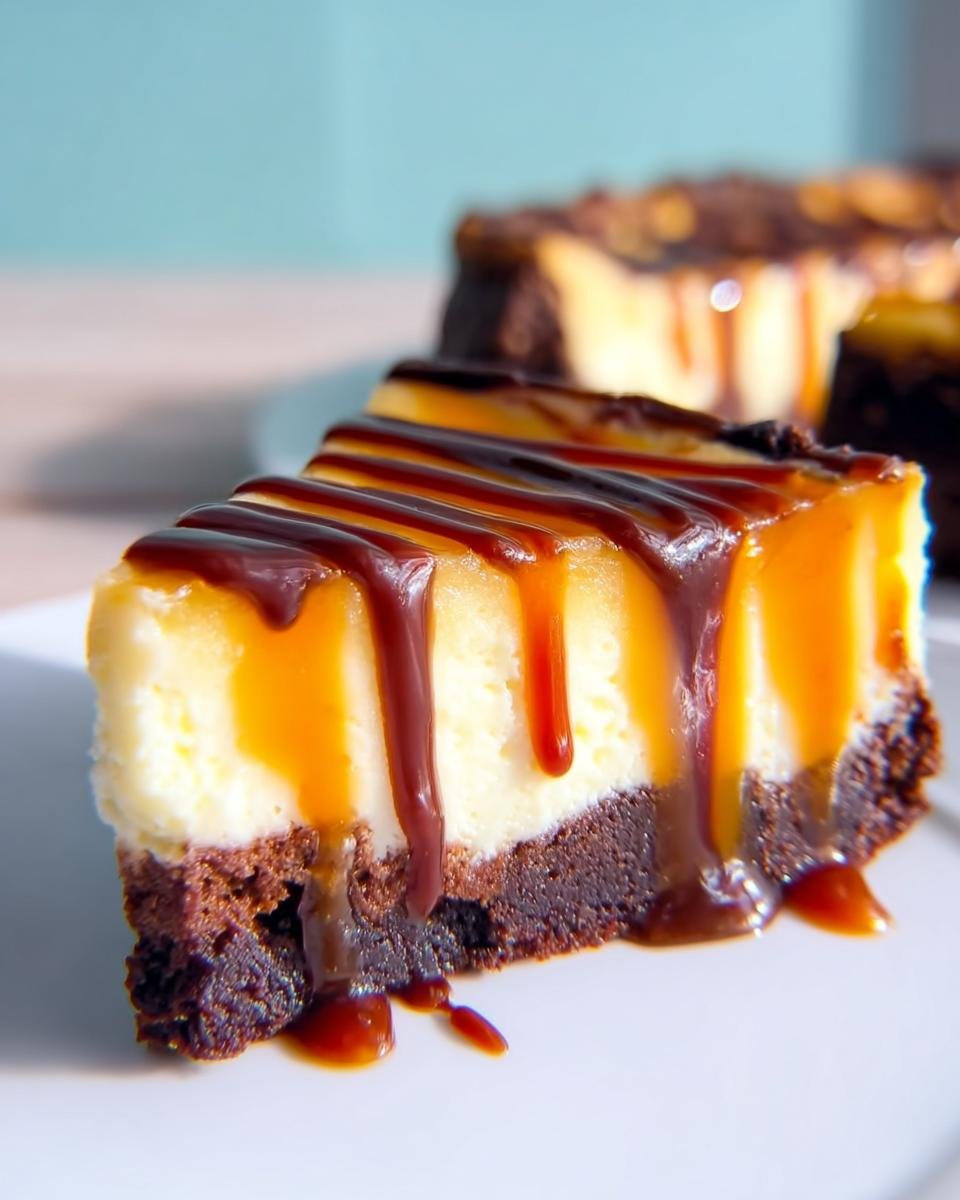 A rich slice of Caramel Brownie Cheesecake, drizzled with caramel and chocolate sauce, on a white plate.
