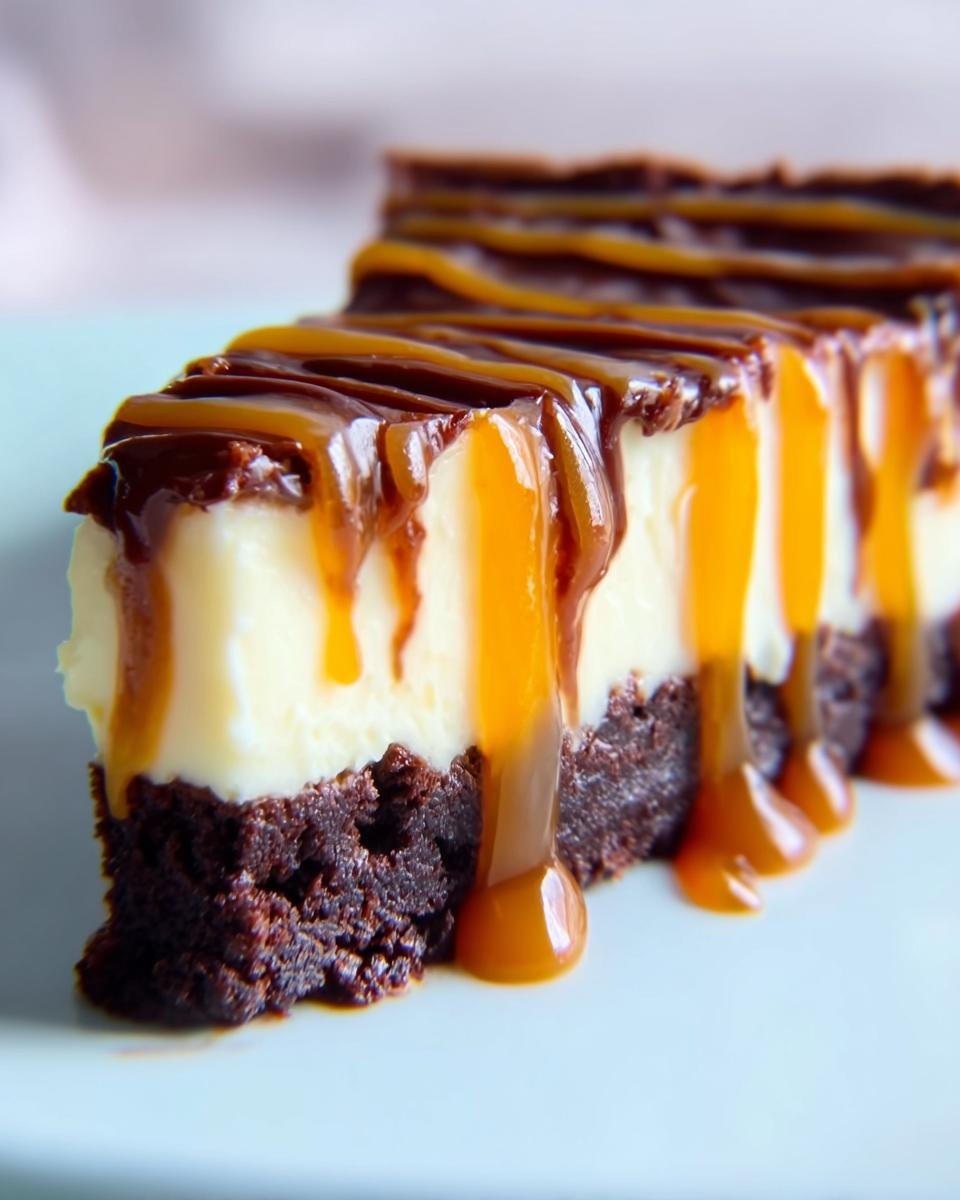 A decadent slice of Caramel Brownie Cheesecake, featuring a rich brownie base, creamy cheesecake layer, and drizzled with chocolate and caramel sauce.