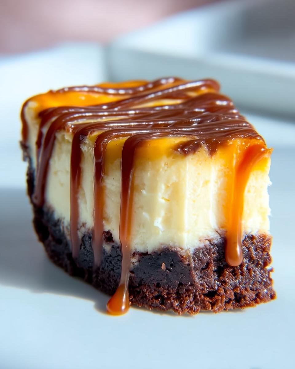 A rich slice of Caramel Brownie Cheesecake, with creamy cheesecake filling and a brownie base, drizzled with caramel sauce.