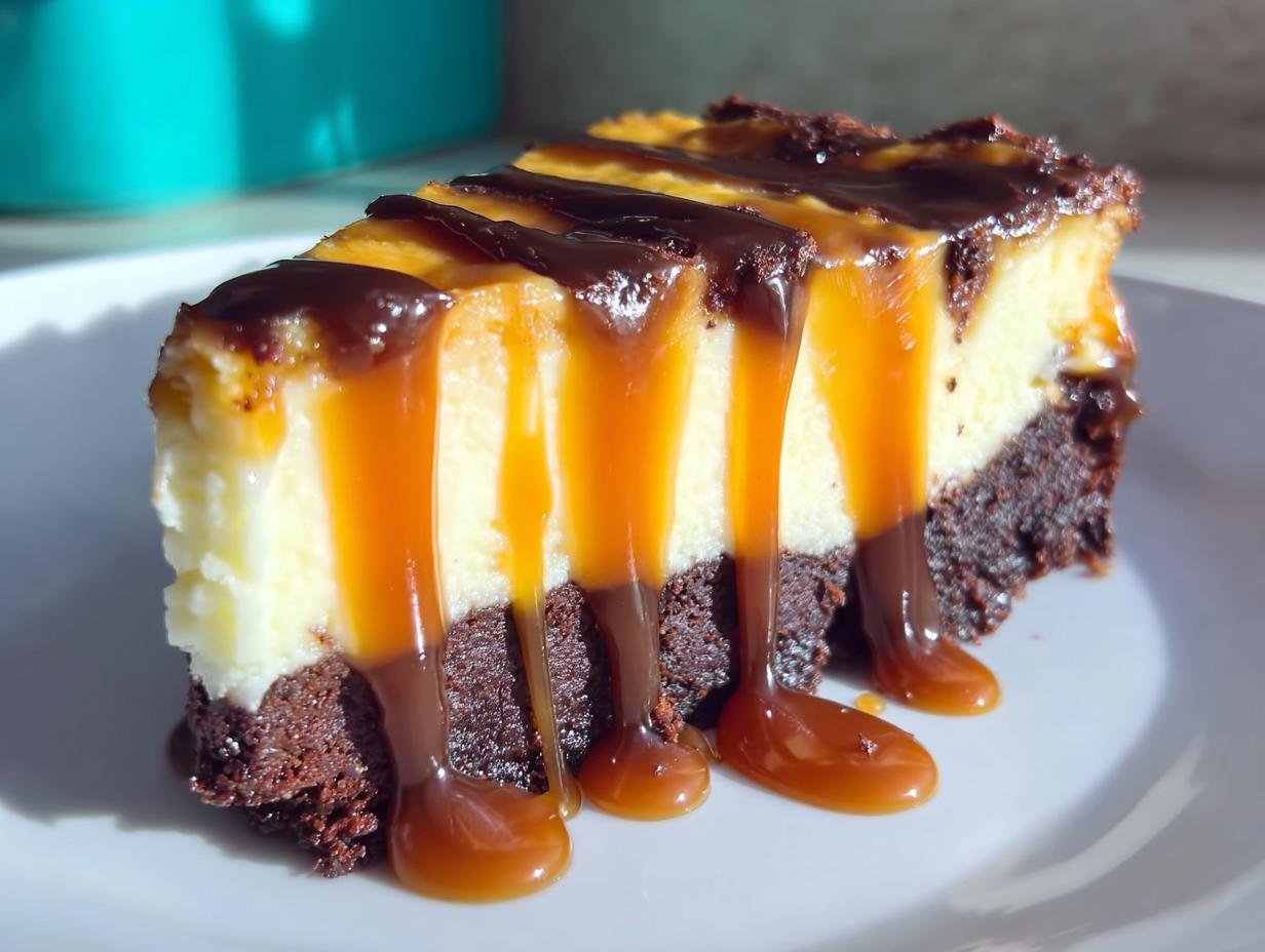 A decadent slice of Caramel Brownie Cheesecake, featuring a rich brownie base topped with creamy cheesecake and drizzled with caramel and chocolate sauce.