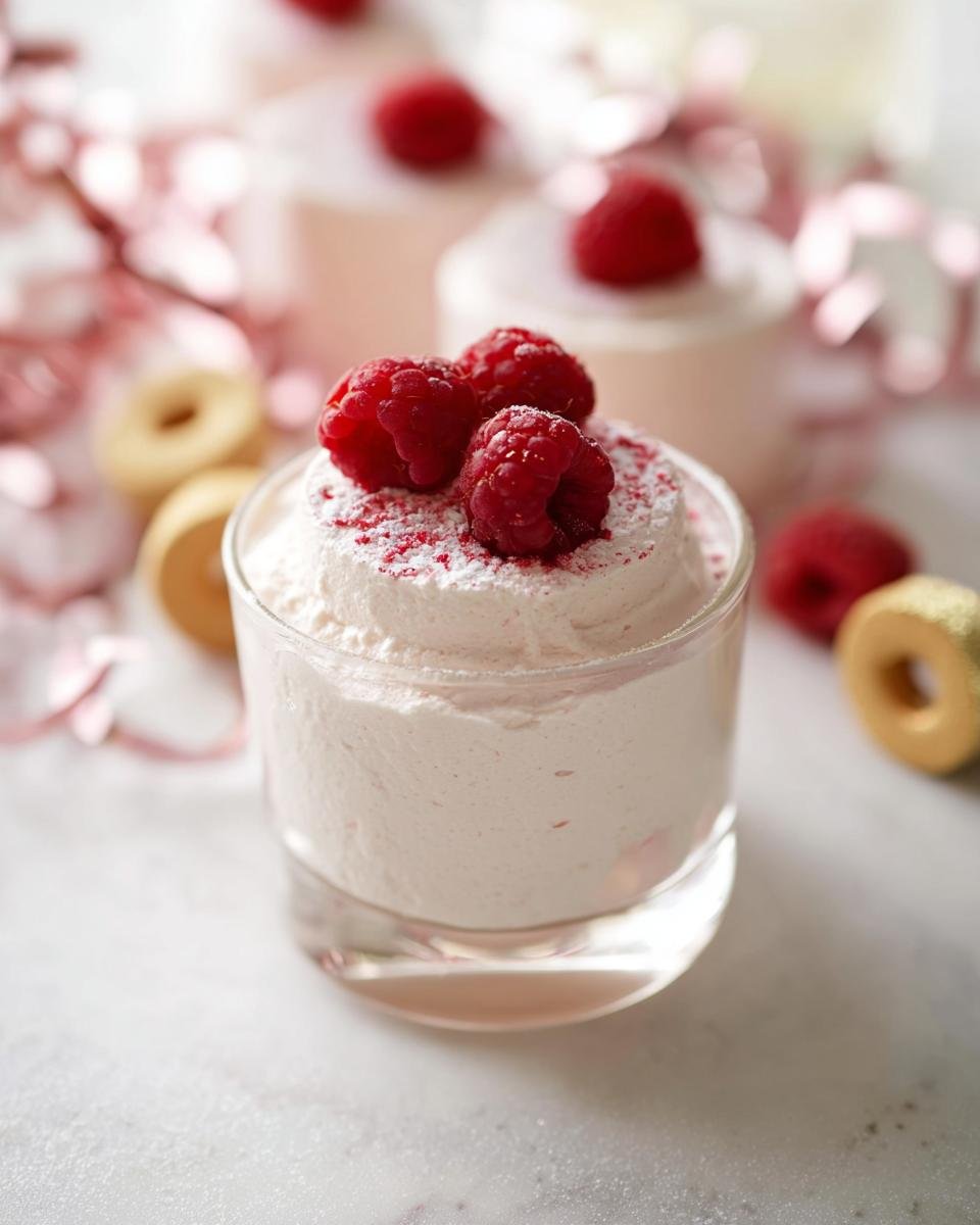 A delicate Champagne Raspberry Mousse dessert topped with fresh raspberries and powdered sugar.