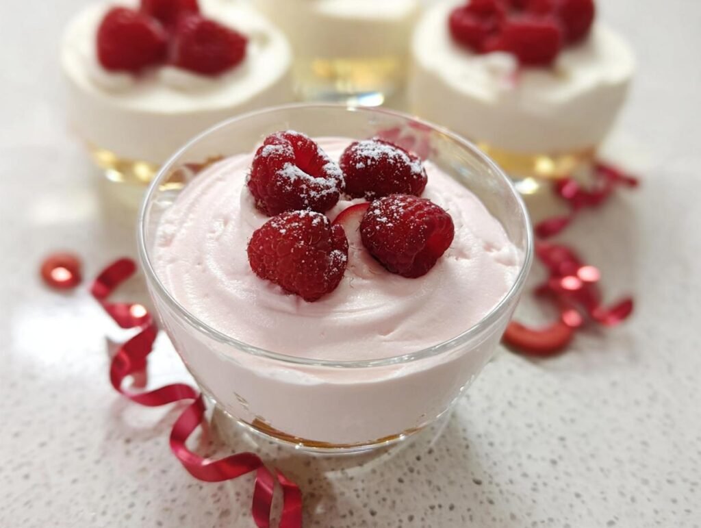 Close-up of a delicate Champagne Raspberry Mousse dessert topped with fresh raspberries and powdered sugar.