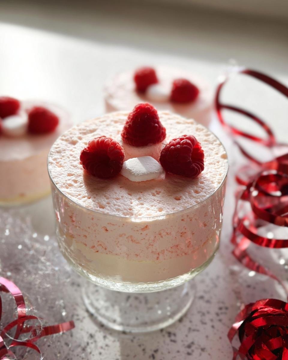 A delicate Champagne Raspberry Mousse dessert served in a glass, topped with fresh raspberries and white squares.