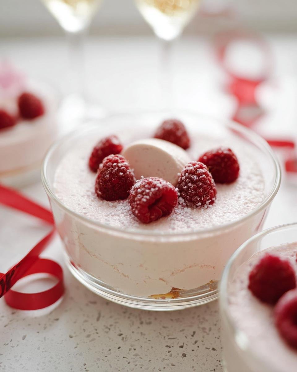 A close-up of a delicate Champagne Raspberry Mousse dessert topped with fresh raspberries and powdered sugar.