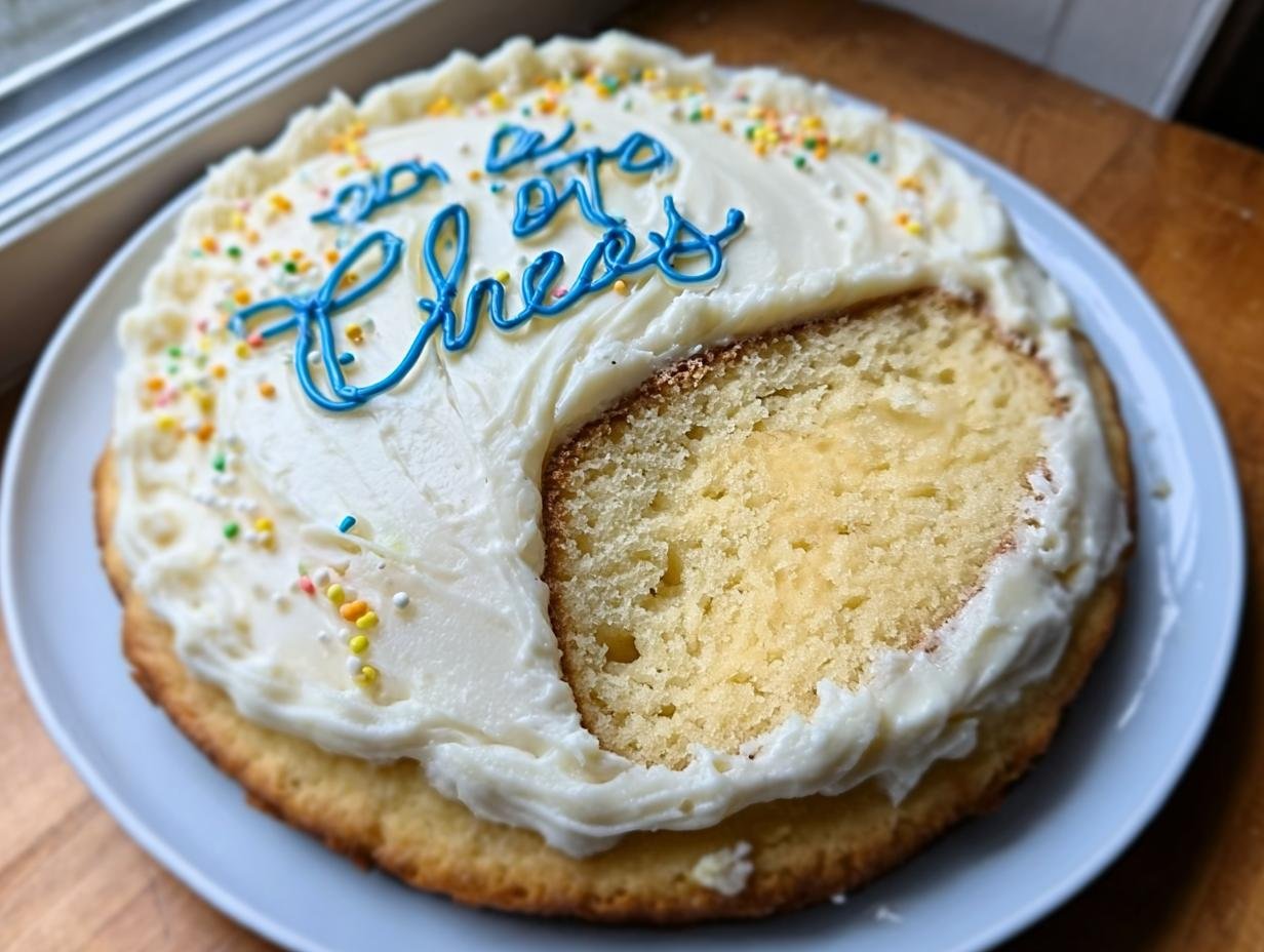 A delicious Cheers Cake with white frosting, blue lettering, and colorful sprinkles, with a slice removed.