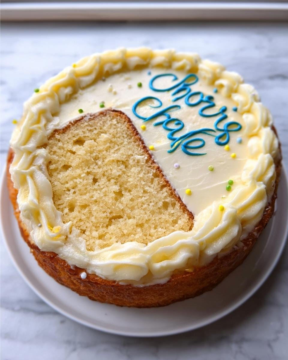 A slice is cut from a round Cheers Cake, decorated with white frosting, blue lettering, and colorful sprinkles.