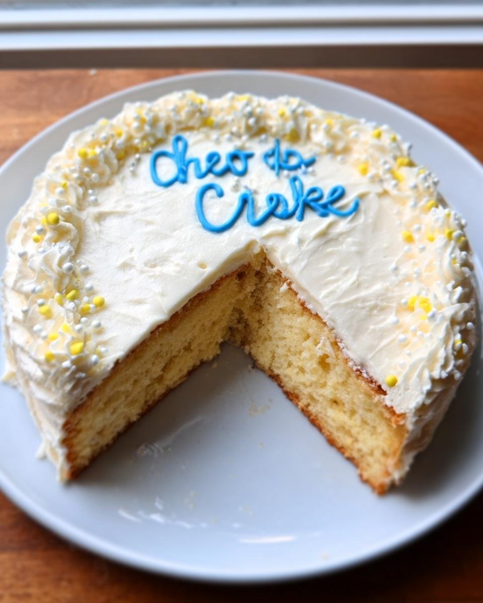 A slice of white Cheers Cake with white frosting, decorated with blue icing and sprinkles.