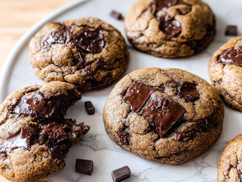 Close-up of several thick, chewy chocolate chip cookies no chill recipe, one is broken open showing melted chocolate.
