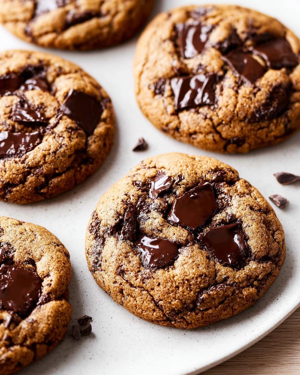 Close-up of perfectly baked Chewy Chocolate Chip Cookies No Chill with melted chocolate chunks on a light surface.