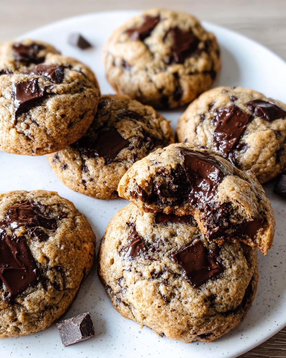 Close-up of several Chewy Chocolate Chip Cookies No Chill on a white plate, one broken open showing melted chocolate.