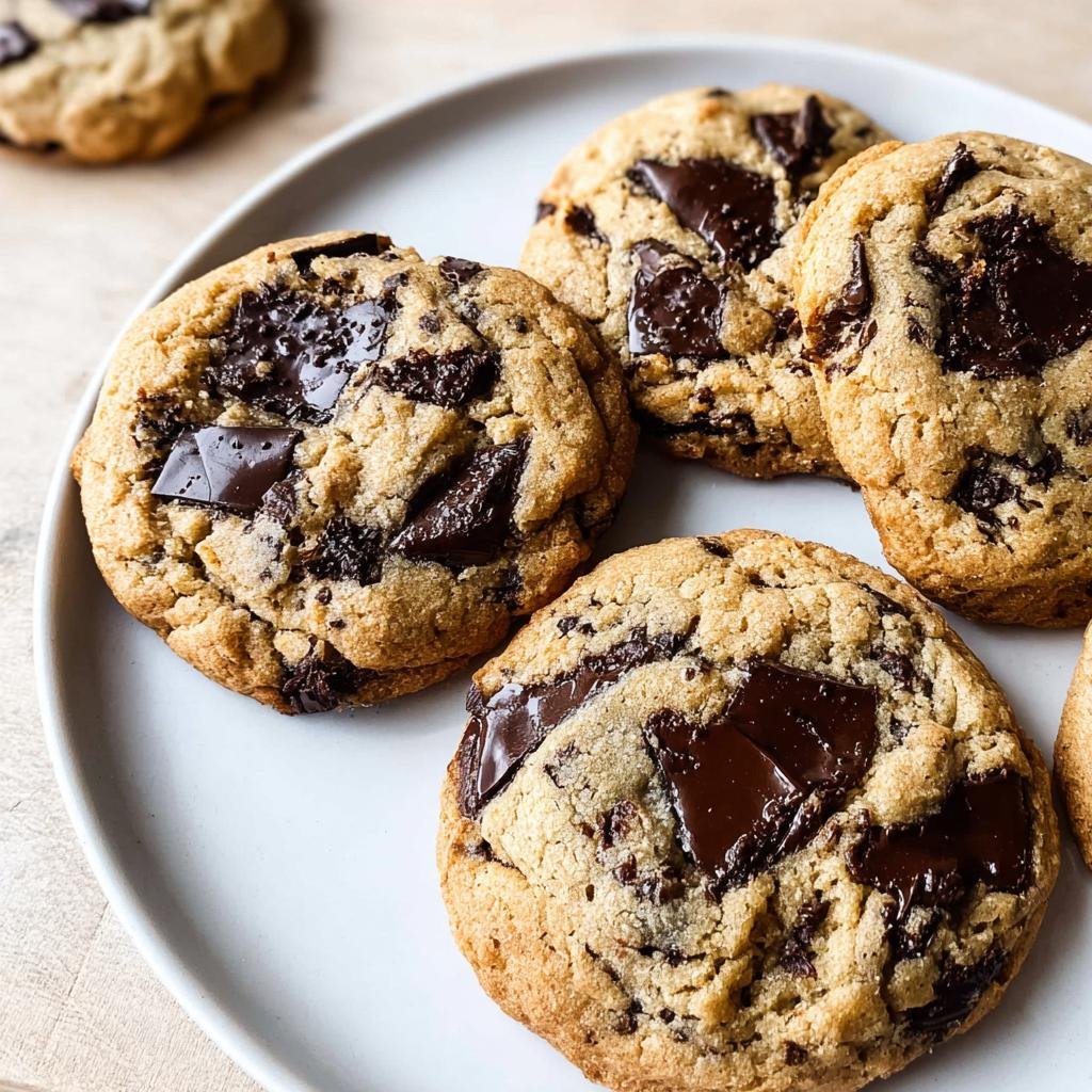 Four freshly baked Chewy Chocolate Chip Cookies No Chill with melted chocolate chunks on a white plate.