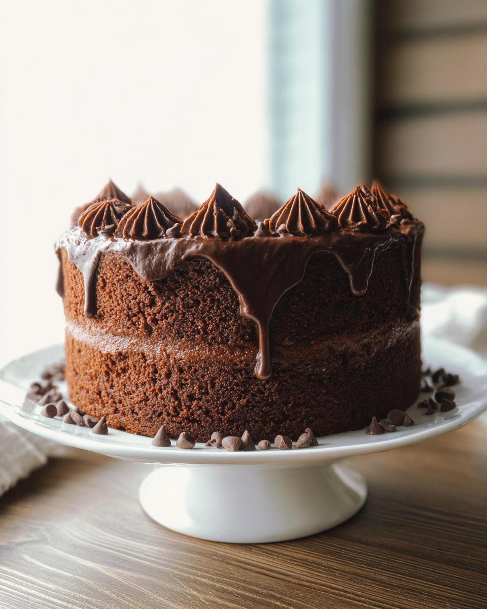 A beautiful chocolate cake design featuring rich chocolate frosting, ganache drips, and piped swirls, surrounded by chocolate chips.