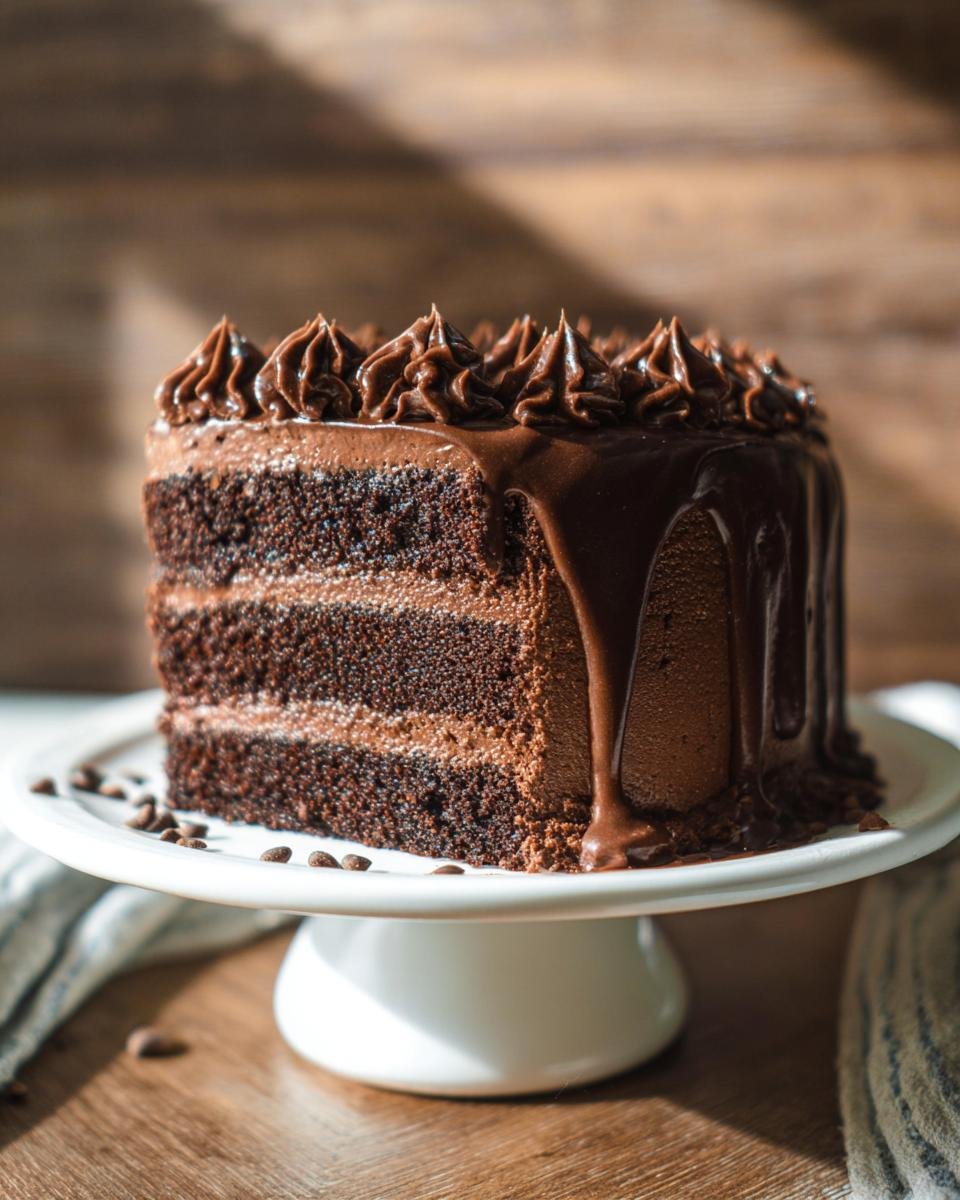 A rich chocolate cake design with layers of chocolate cake and frosting, topped with chocolate ganache drip.
