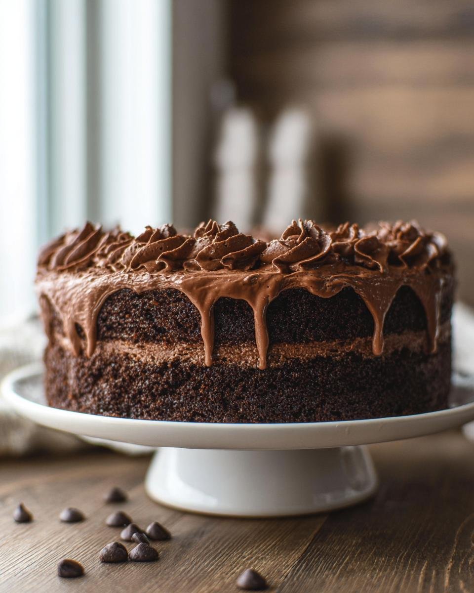 A decadent chocolate cake design with rich chocolate frosting and dripping ganache.
