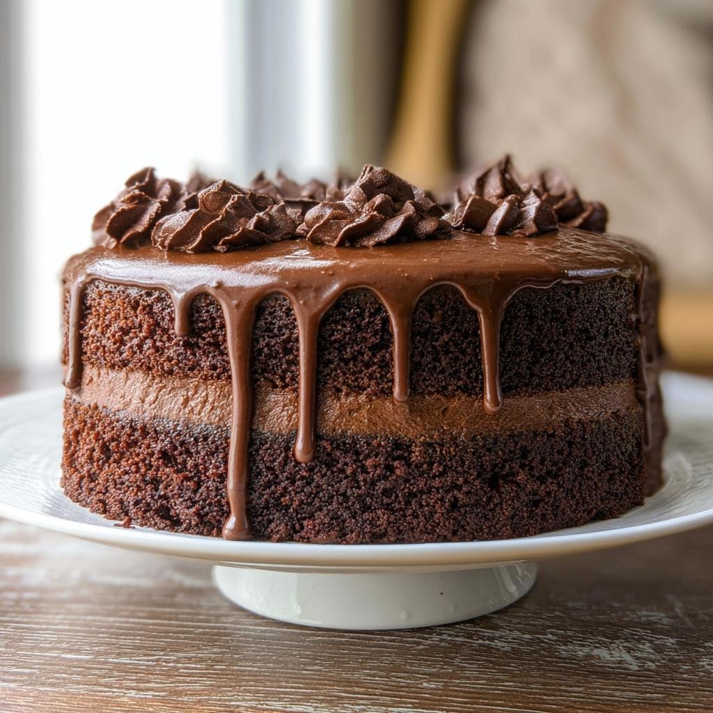 A rich and moist chocolate cake design with chocolate ganache drip and frosting swirls.