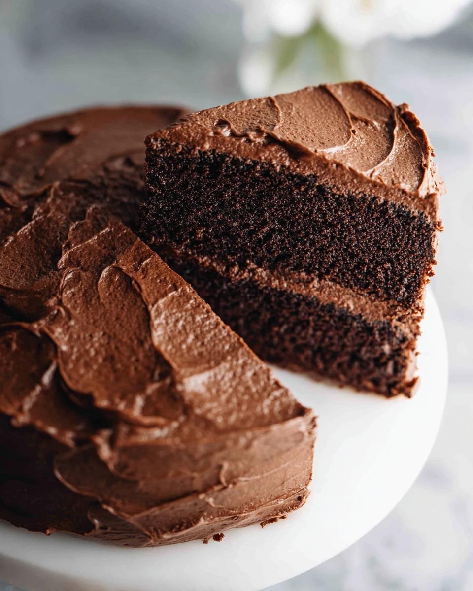 A slice of rich chocolate cake with thick chocolate frosting, showcasing the moist crumb.