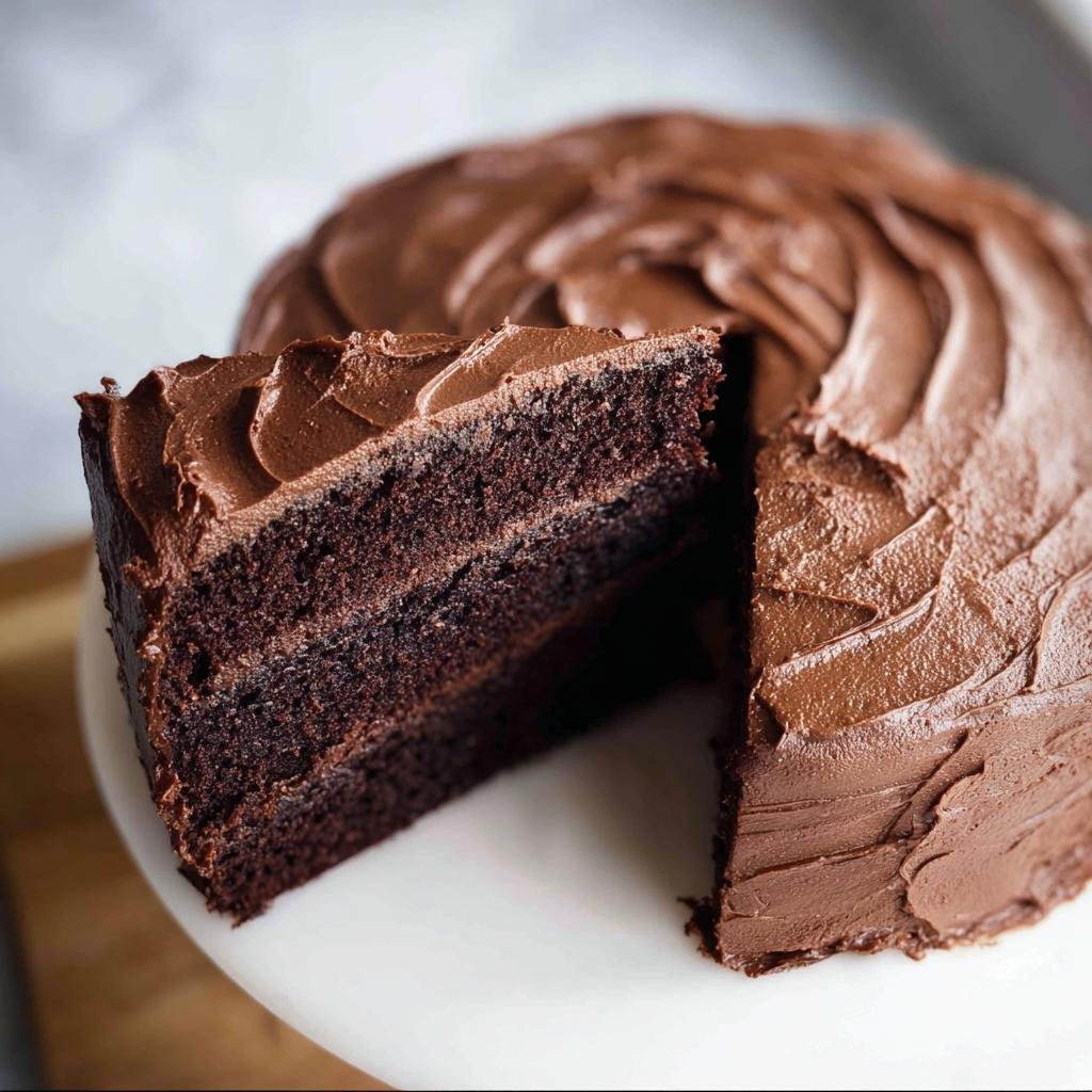 A slice of rich, moist chocolate cake with decadent chocolate frosting, showcasing its layers.
