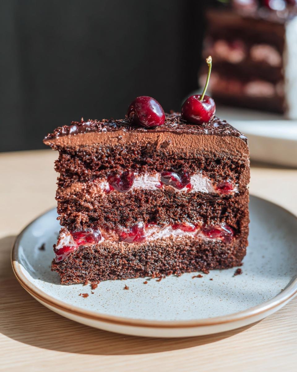 A rich slice of Chocolate, Cherry & Cognac Cake, layered with chocolate cake, cream, and cherries, topped with fresh cherries.