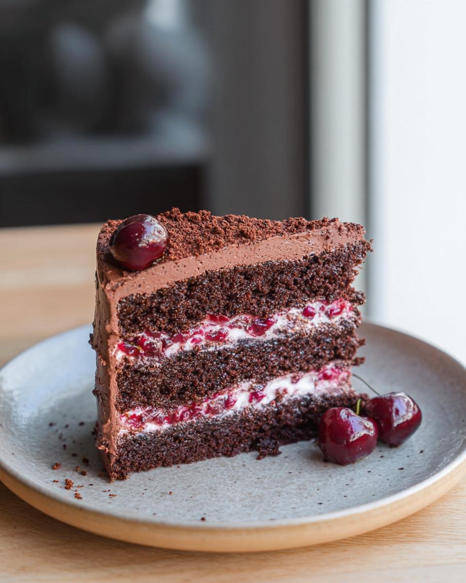 A decadent slice of Chocolate, Cherry & Cognac Cake, featuring layers of chocolate cake, cream, and cherries, topped with a cherry.