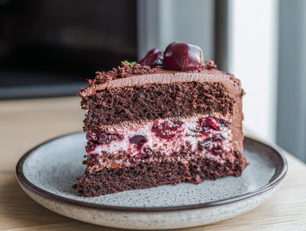A decadent slice of Chocolate, Cherry & Cognac Cake, featuring rich chocolate layers, cherry filling, and chocolate frosting.