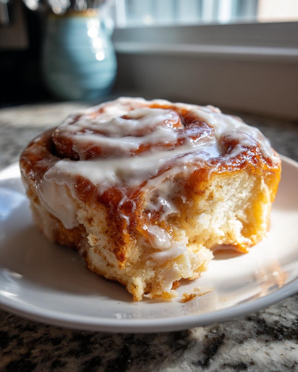 A close-up of a CINNABON ROOL on a white plate, with a bite taken out, showing the soft interior and cinnamon swirl.