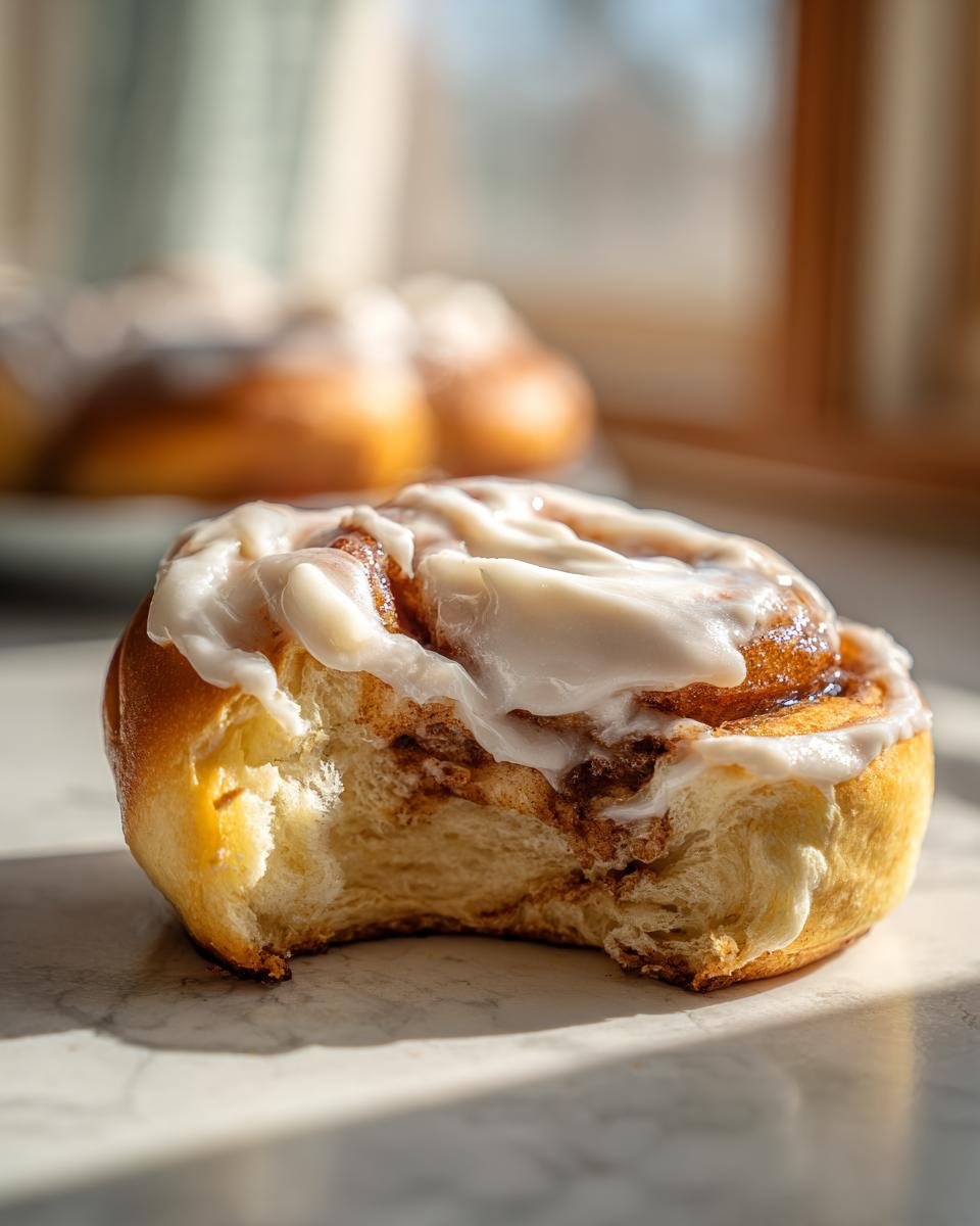 Close-up of a bitten CINNABON ROOL, showing the soft, swirled interior and creamy frosting.