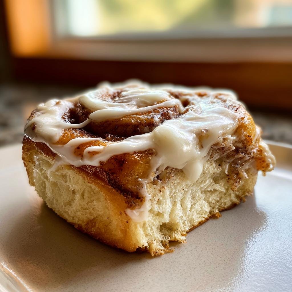 Close-up of a fluffy CINNABON ROOLS topped with creamy white frosting.