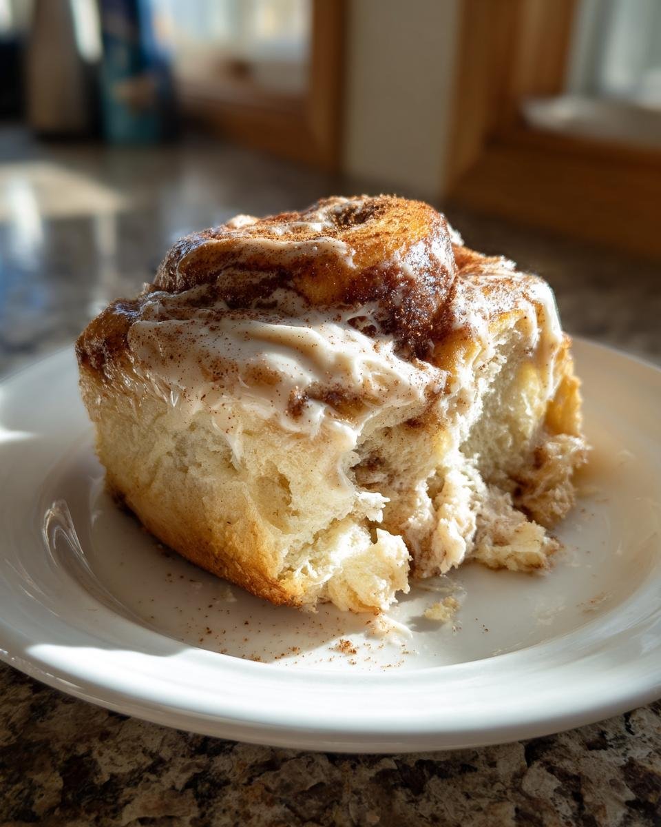 A close-up of a fluffy CINNABON ROOL with creamy frosting and cinnamon swirl, on a white plate.