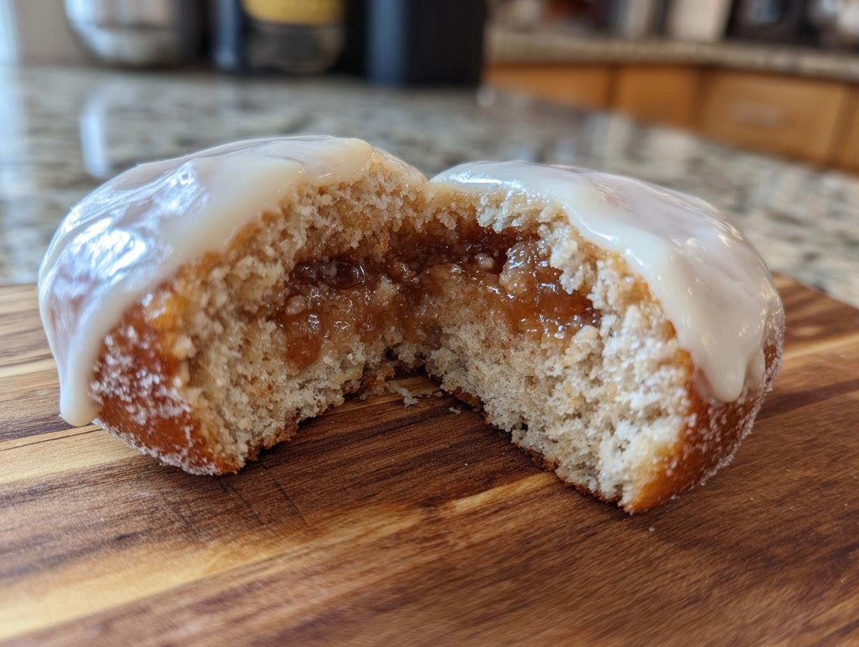 A close-up of a CINNABON ROOL split in half, revealing a gooey cinnamon filling and topped with white glaze.