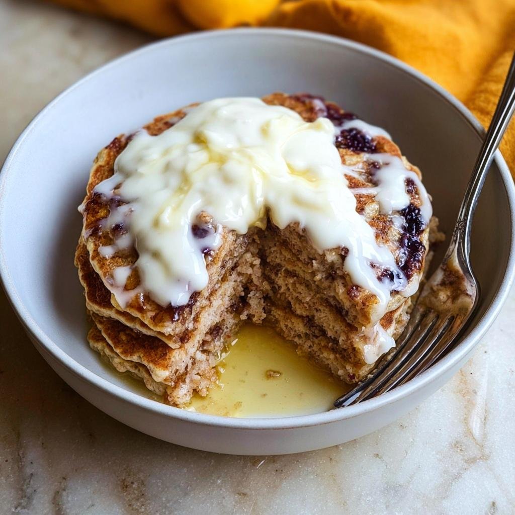 A stack of Cinnamon Roll Pancakes cut open, topped with thick cream cheese frosting and syrup, served in a bowl.