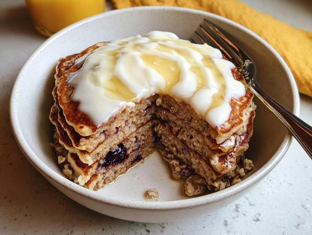 A thick stack of Cinnamon Roll Pancakes cut open to show blueberries, topped with white glaze and syrup.