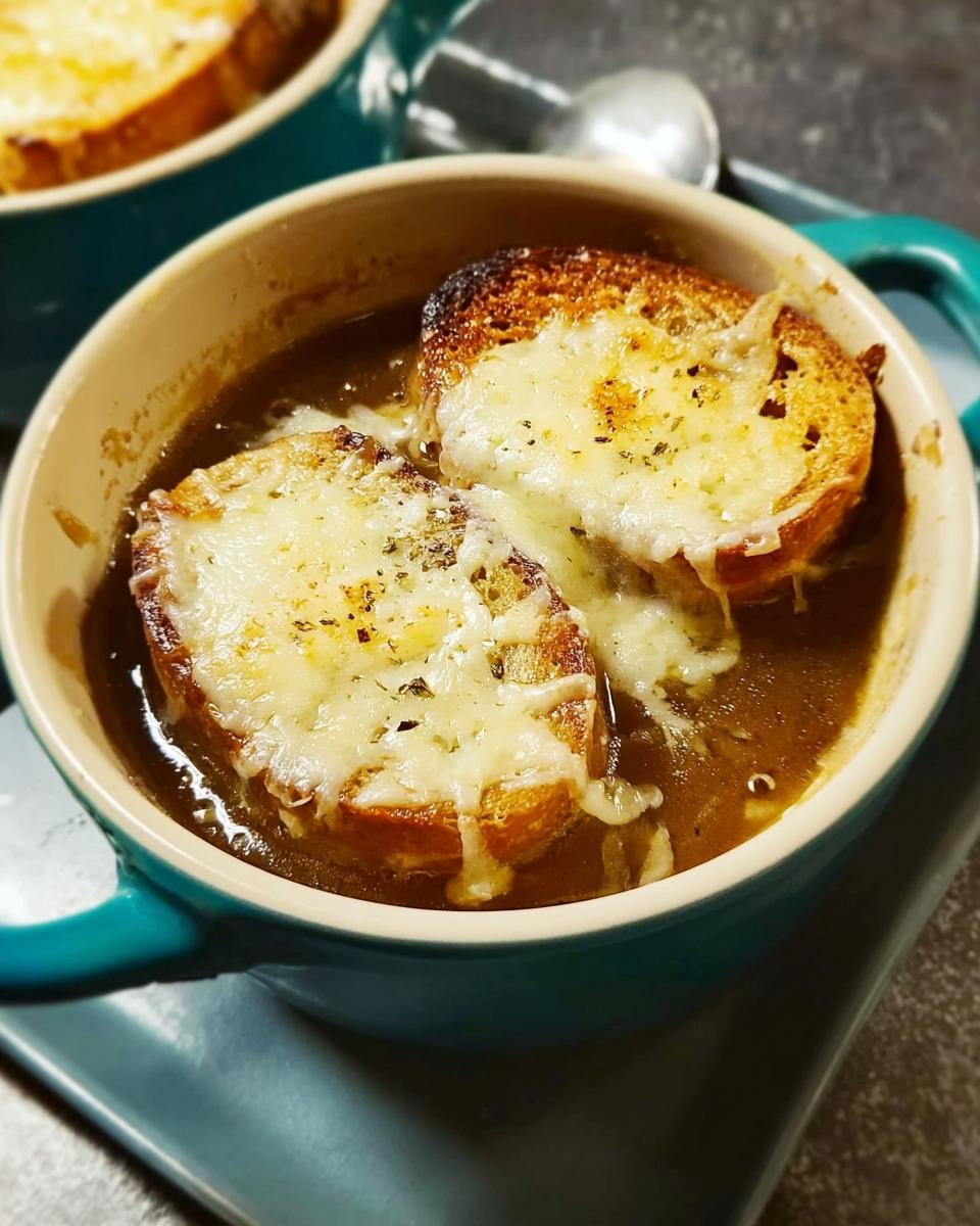 Close-up of Classic French Onion Soup Easy Method with melted cheese over toasted bread.