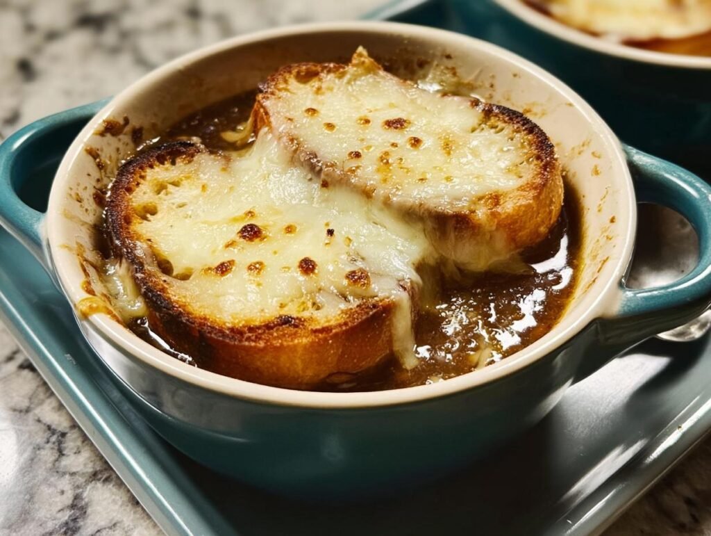 Close-up of Classic French Onion Soup Easy Method served in a crock with a thick, cheesy crouton topping.