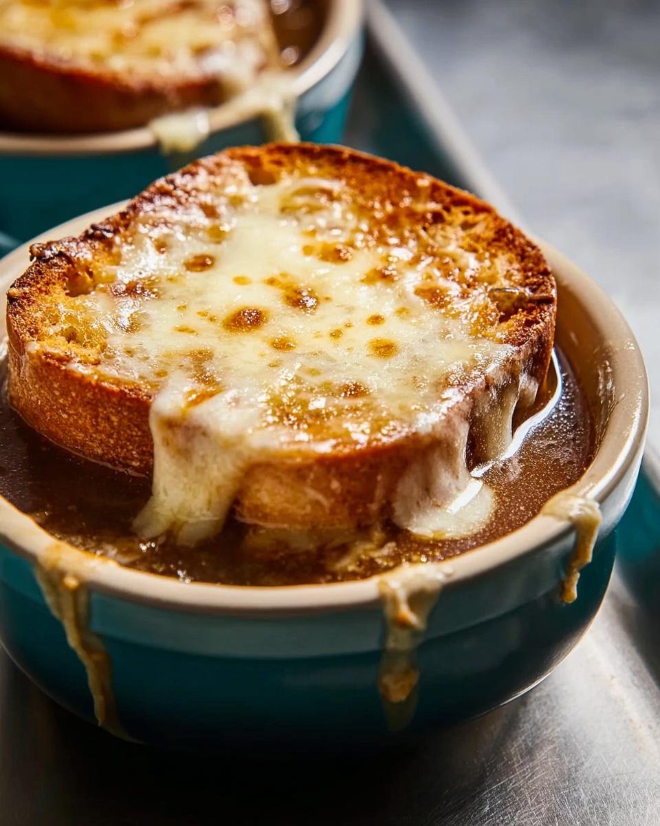 Close-up of Classic French Onion Soup Easy Method with melted Gruyère cheese over a toasted crouton.
