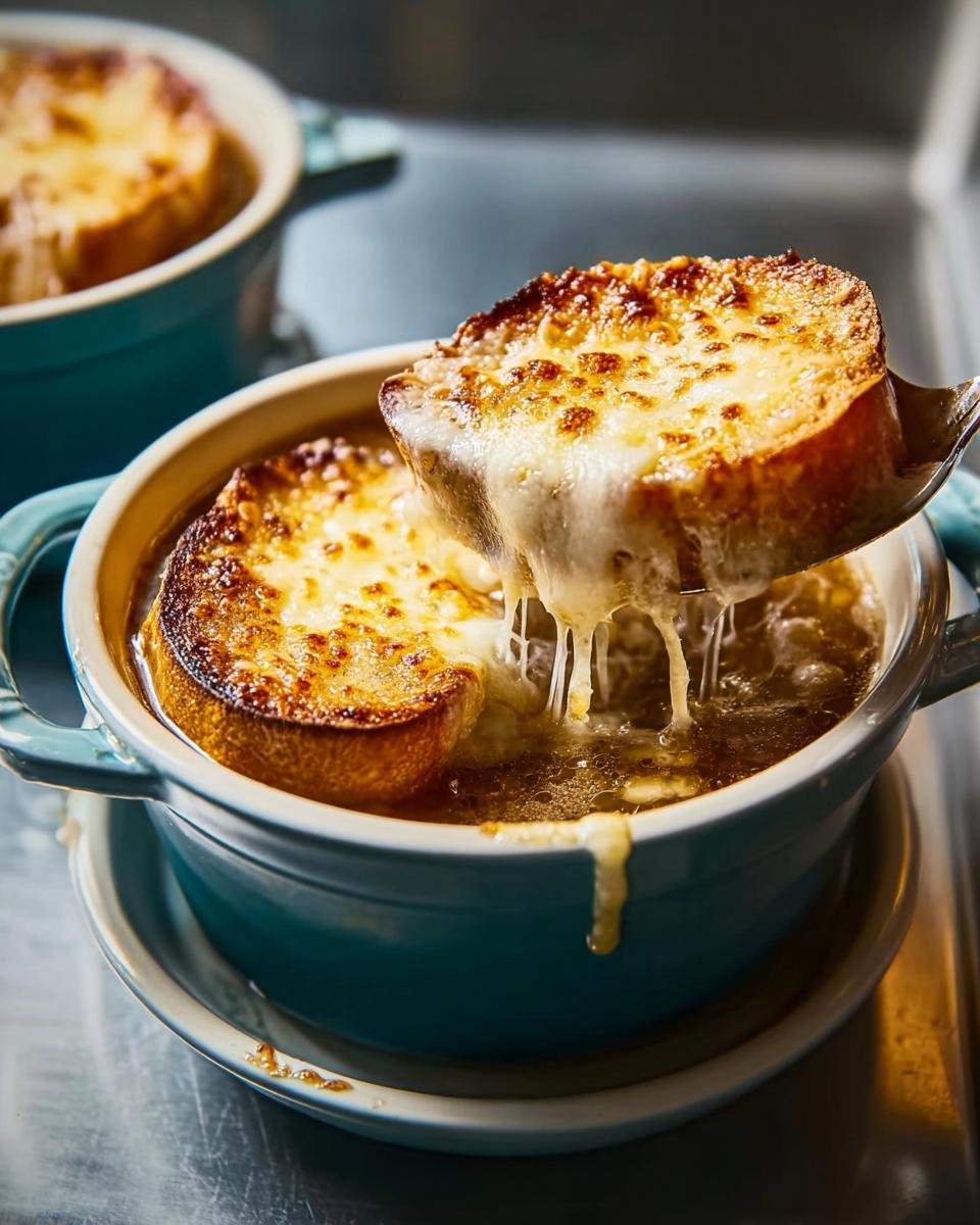 A spoonful of melted, browned cheese and crouton being lifted from a bowl of Classic French Onion Soup Easy Method.