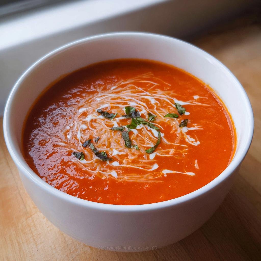 Close-up of a white bowl filled with vibrant Cozy Tomato Basil Soup, garnished with a cream swirl and fresh basil.