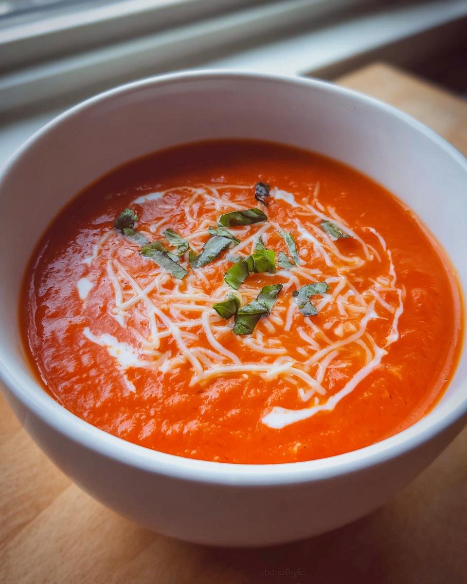 A close-up of a bowl of vibrant Cozy Tomato Basil Soup, garnished with shredded cheese, cream swirls, and fresh basil.