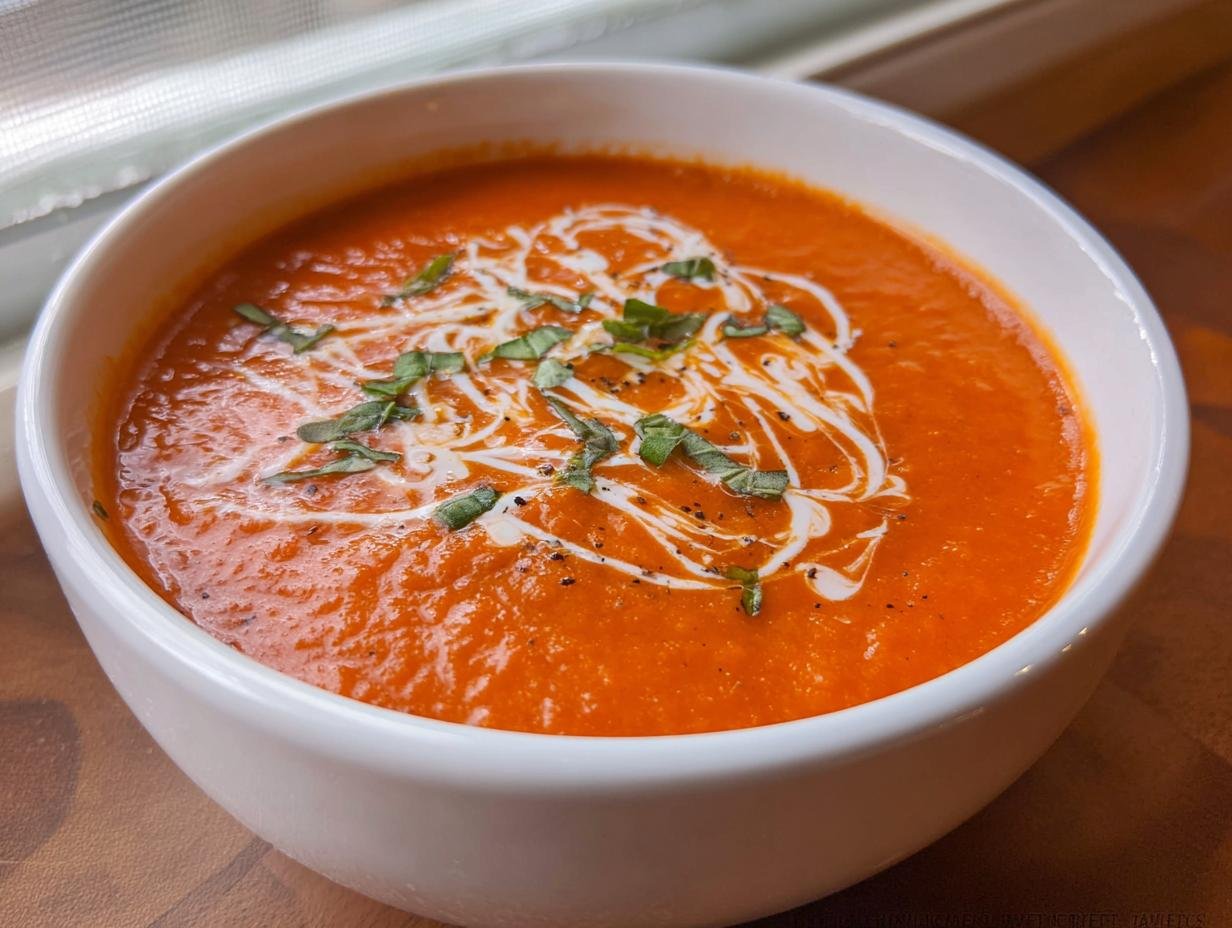A close-up of a bowl of Cozy Tomato Basil Soup, garnished with cream swirls and fresh basil.