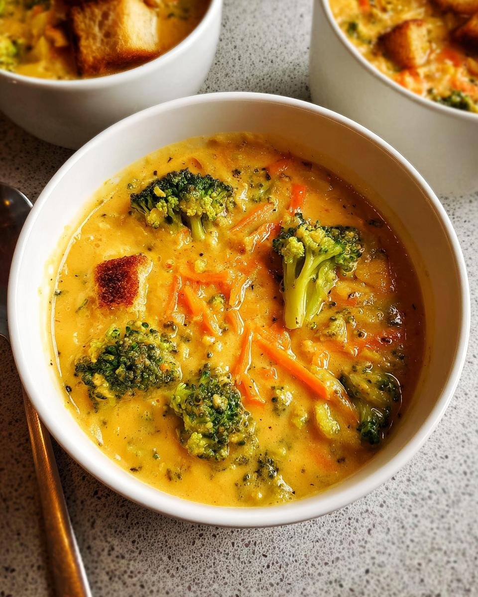 Close-up of a white bowl filled with rich, yellow Creamy Broccoli Cheddar Soup, topped with florets and shredded carrots.