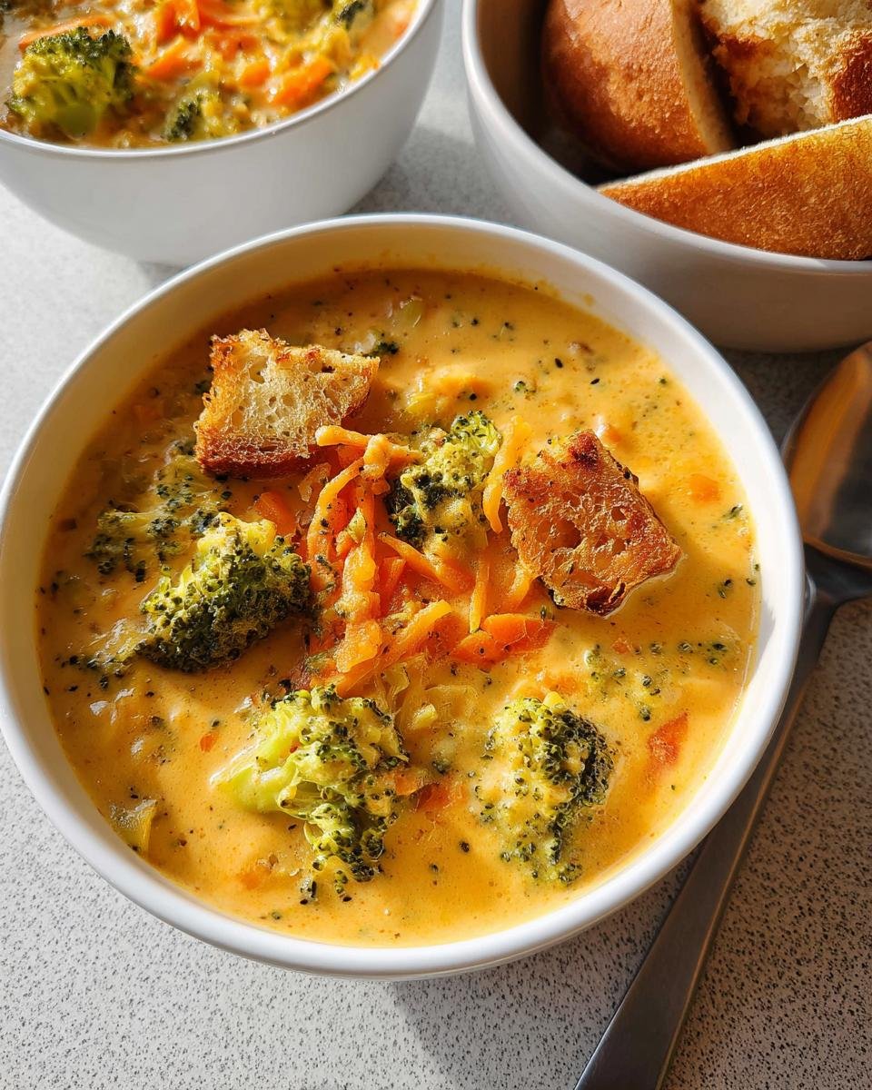 Close-up of a bowl of rich Creamy Broccoli Cheddar Soup topped with shredded cheese, broccoli florets, and croutons.